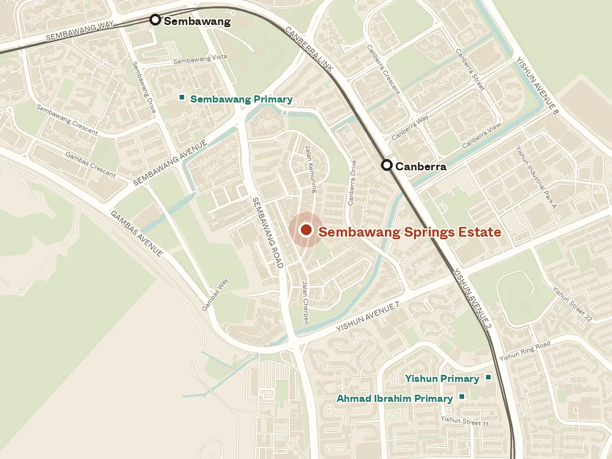 Map of the area around Sembawang Springs Estate, with nearby MRT stations and primary schools