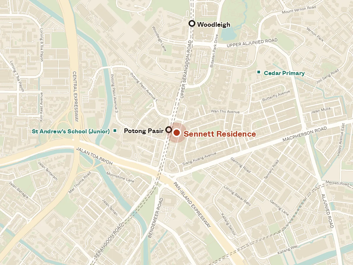 Map of the area around Sennett Residence, with nearby MRT stations and primary schools