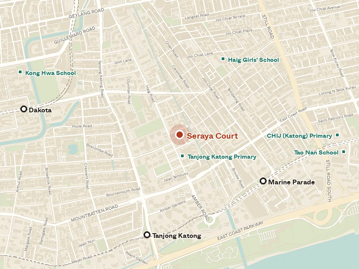 Map of the area around Seraya Court, with nearby MRT stations and primary schools