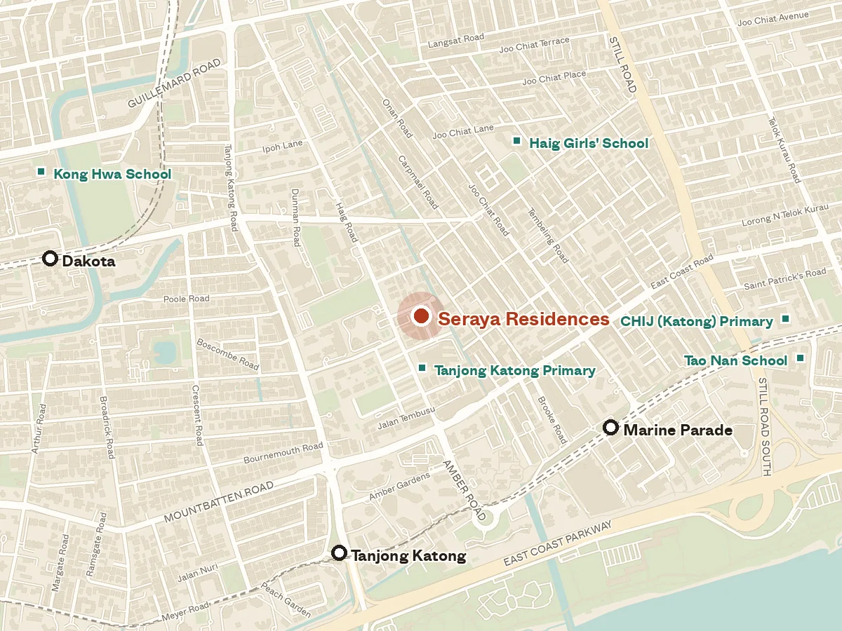 Map of the area around Seraya Residences, with nearby MRT stations and primary schools