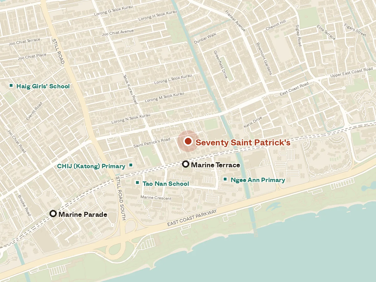 Map of the area around Seventy Saint Patrick's, with nearby MRT stations and primary schools