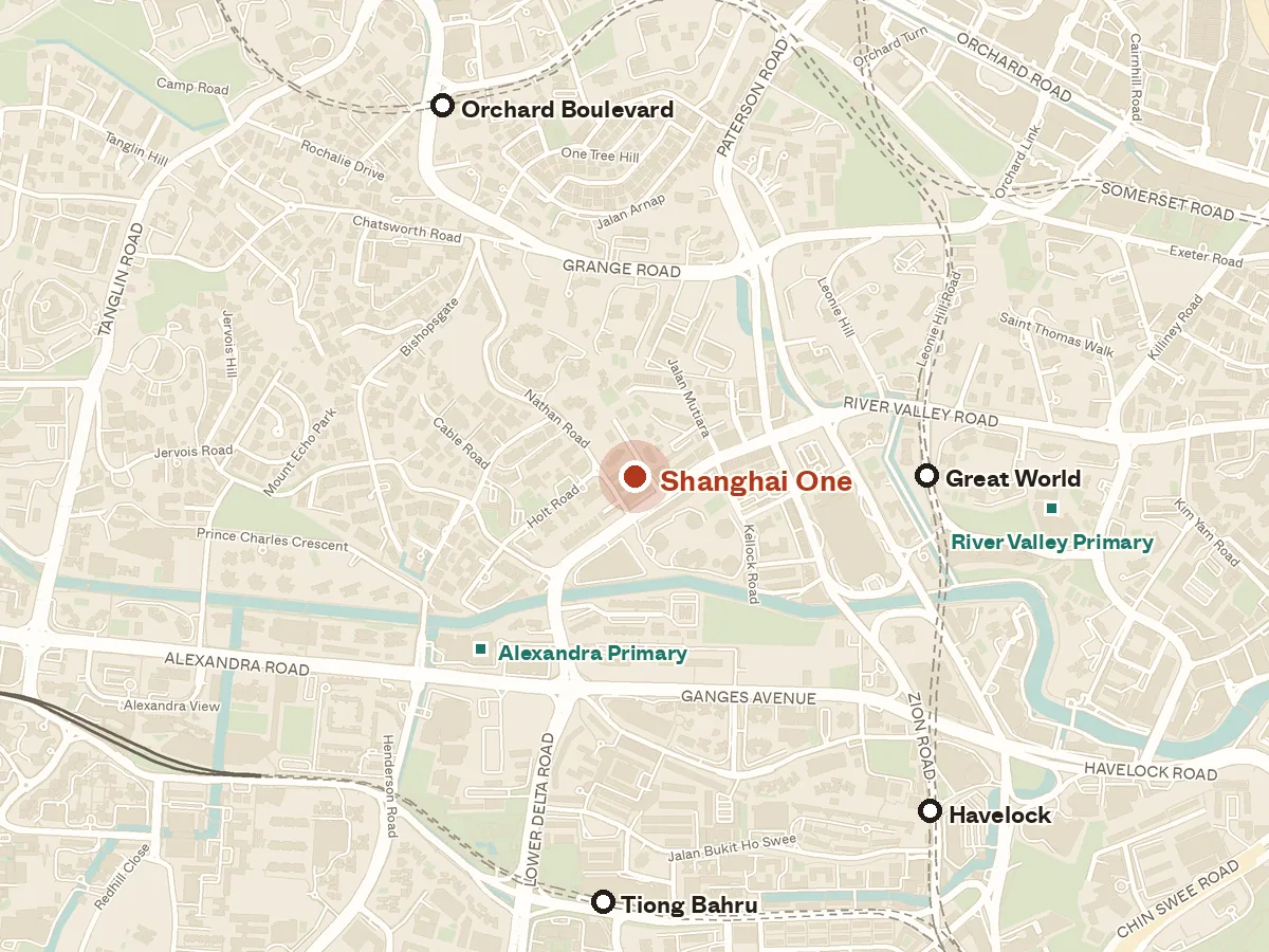 Map of the area around Shanghai One, with nearby MRT stations and primary schools