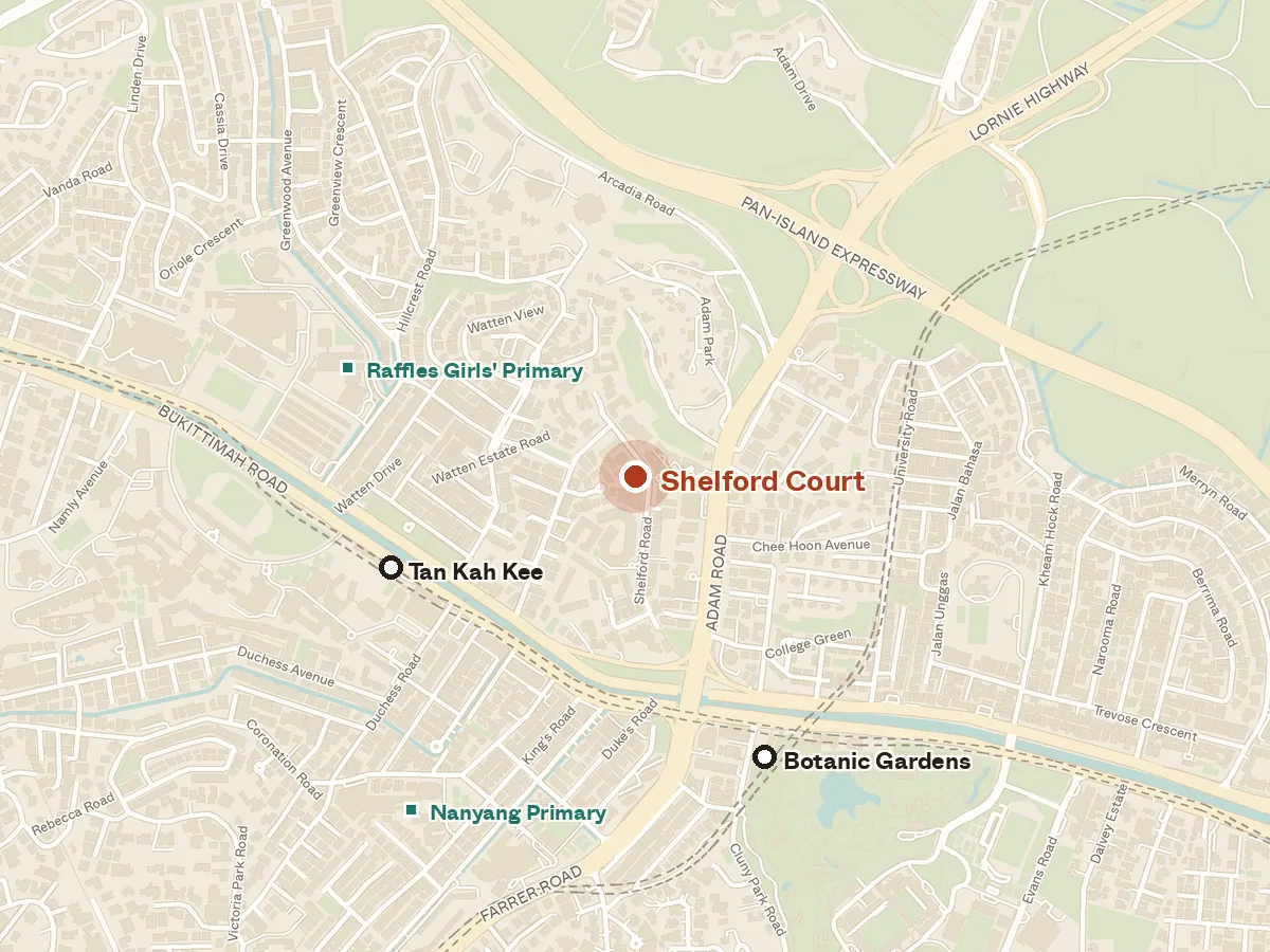 Map of the area around Shelford Court, with nearby MRT stations and primary schools