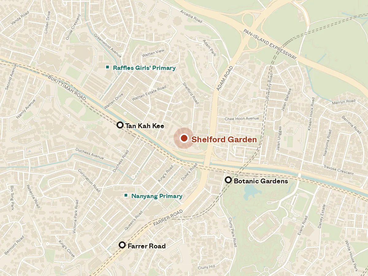 Map of the area around Shelford Garden, with nearby MRT stations and primary schools