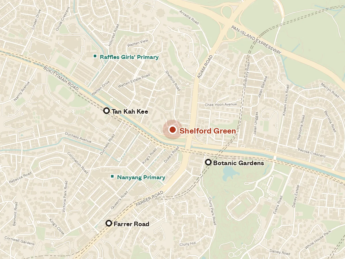 Map of the area around Shelford Green, with nearby MRT stations and primary schools