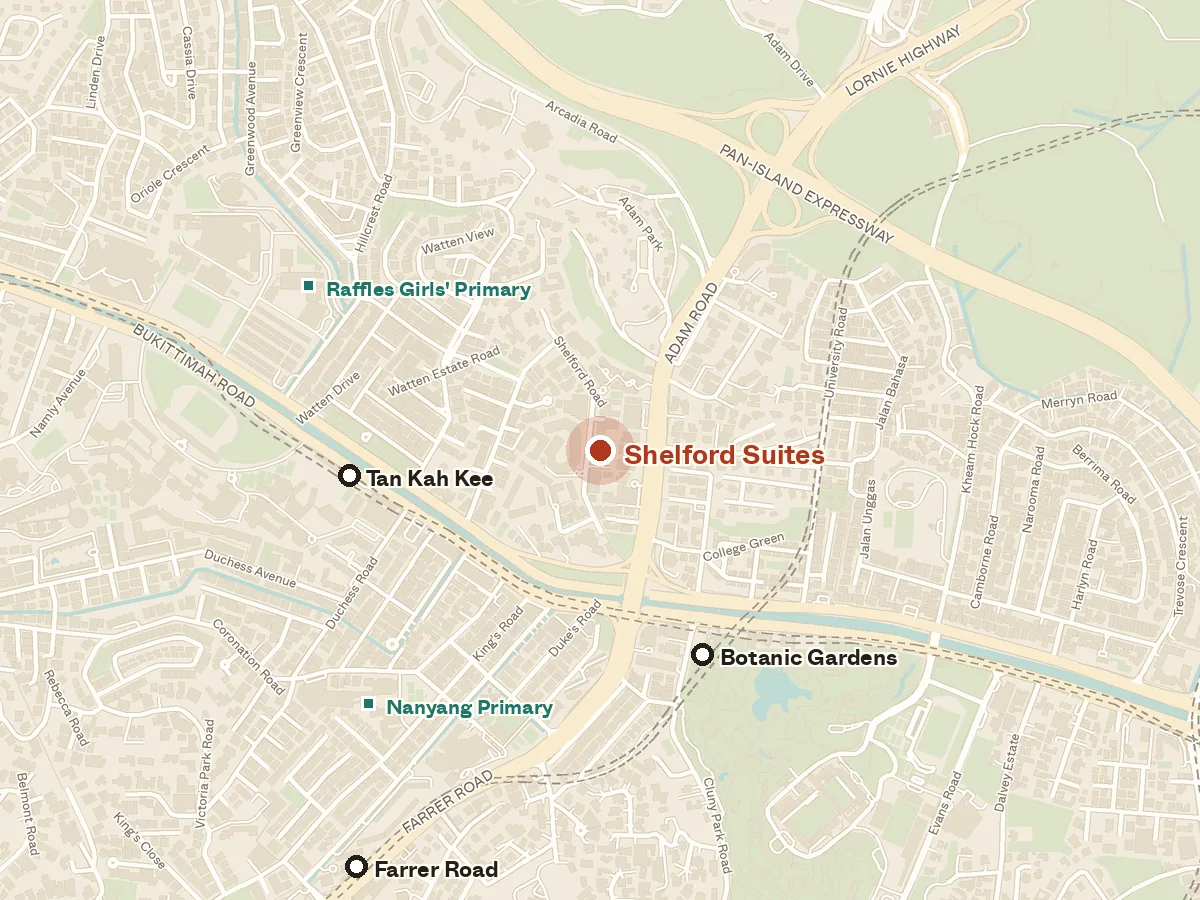 Map of the area around Shelford Suites, with nearby MRT stations and primary schools