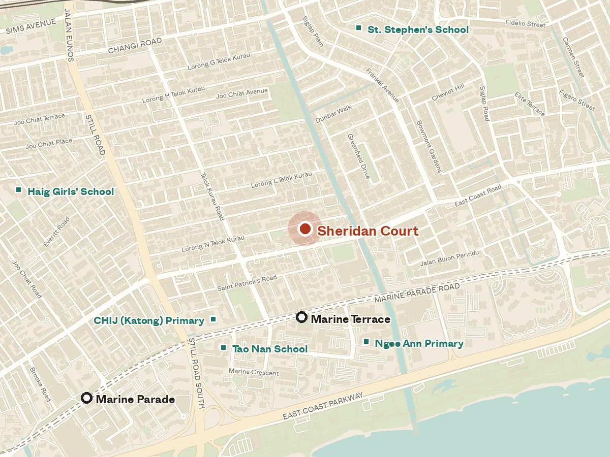 Map of the area around Sheridan Court, with nearby MRT stations and primary schools