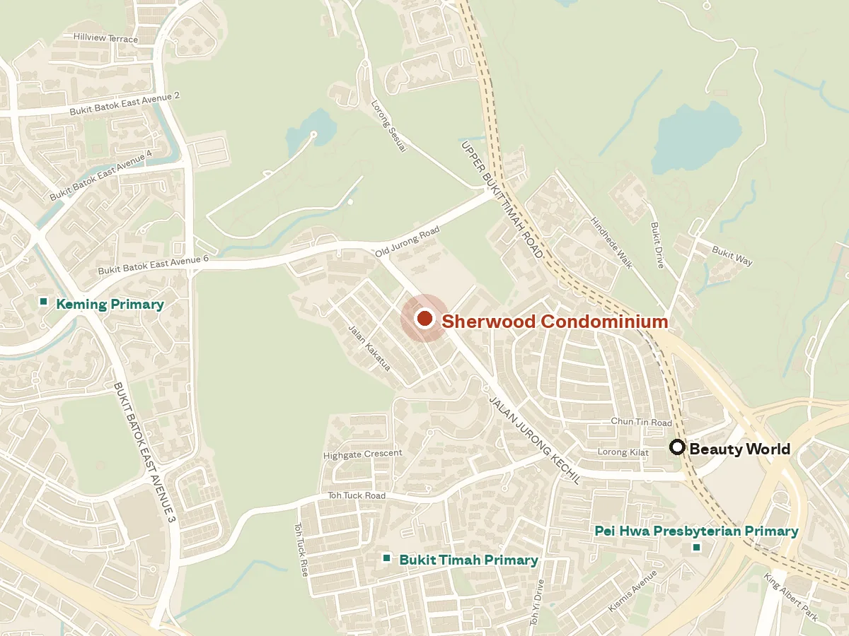 Map of the area around Sherwood Condominium, with nearby MRT stations and primary schools