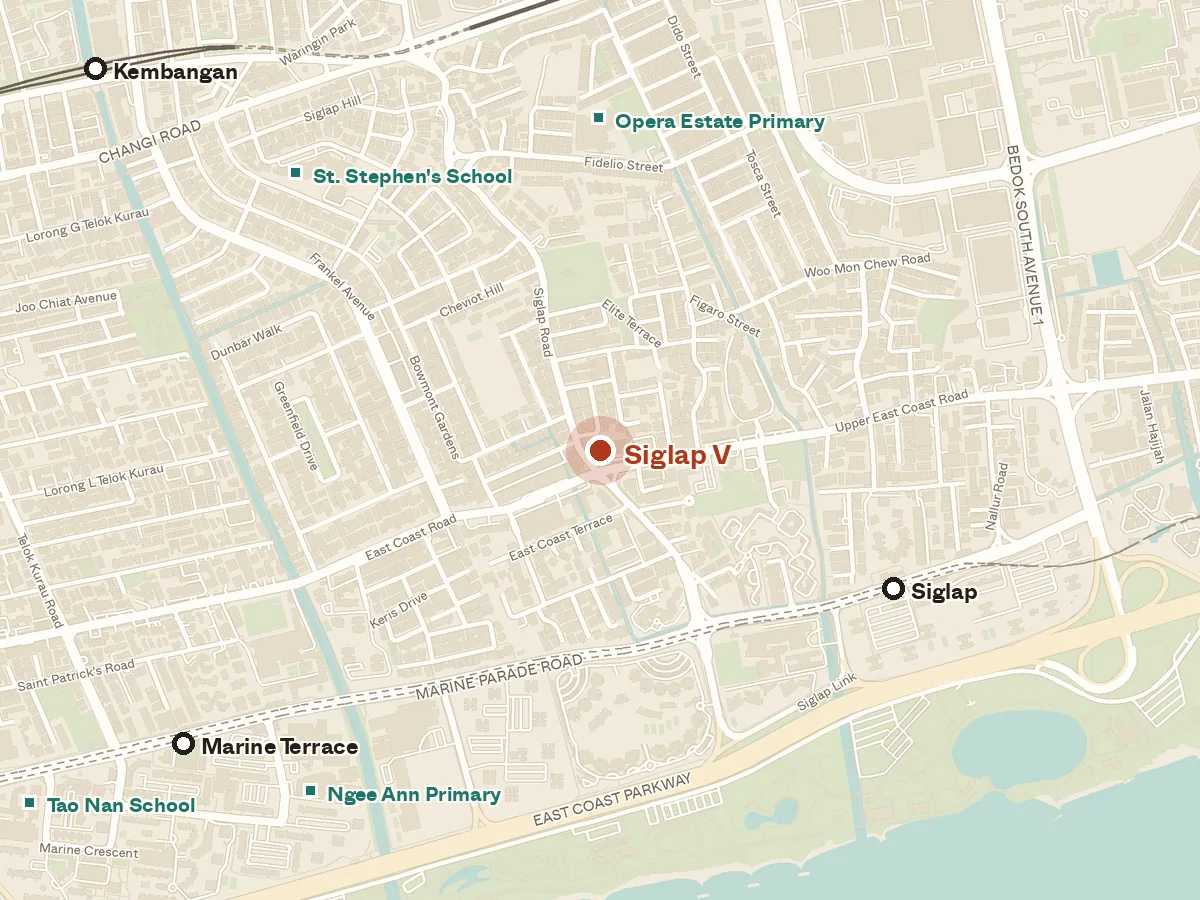Map of the area around Siglap V, with nearby MRT stations and primary schools