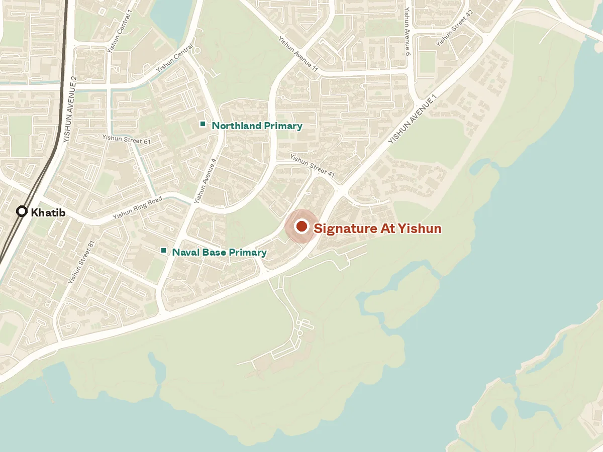 Map of the area around Signature At Yishun, with nearby MRT stations and primary schools