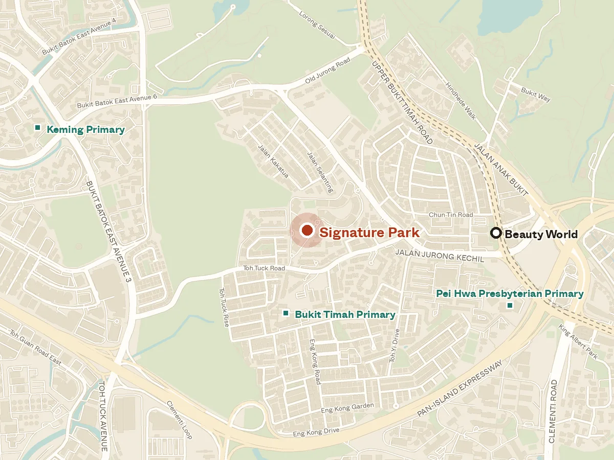 Map of the area around Signature Park, with nearby MRT stations and primary schools