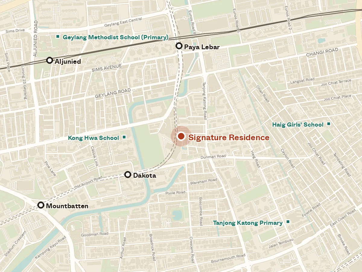Map of the area around Signature Residence, with nearby MRT stations and primary schools