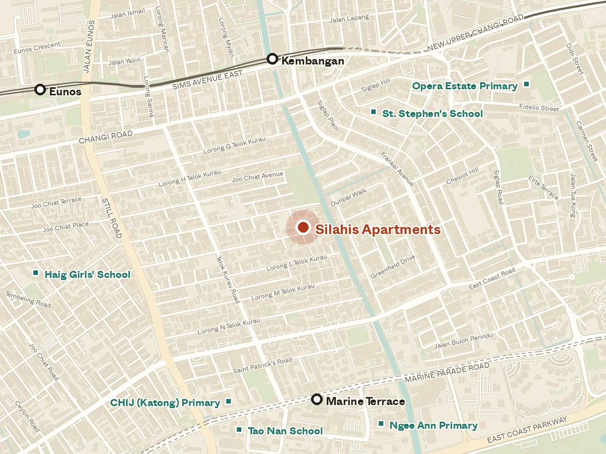 Map of the area around Silahis Apartments, with nearby MRT stations and primary schools