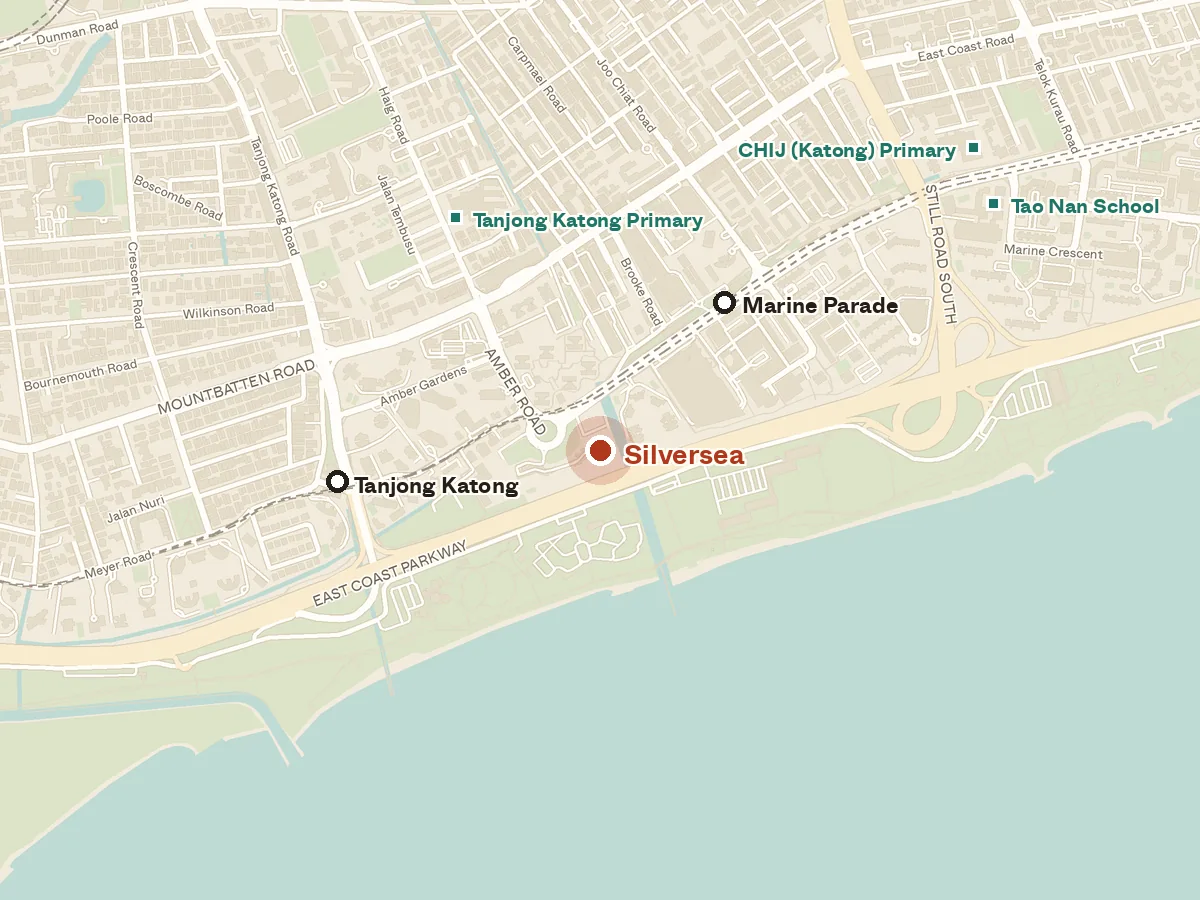 Map of the area around Silversea, with nearby MRT stations and primary schools