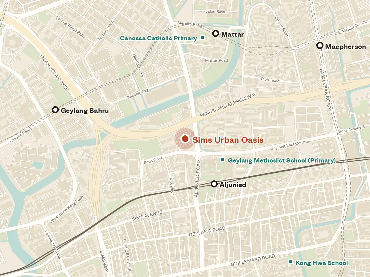 Map of the area around Sims Urban Oasis, with nearby MRT stations and primary schools