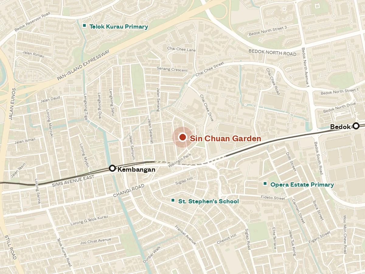 Map of the area around Sin Chuan Garden, with nearby MRT stations and primary schools