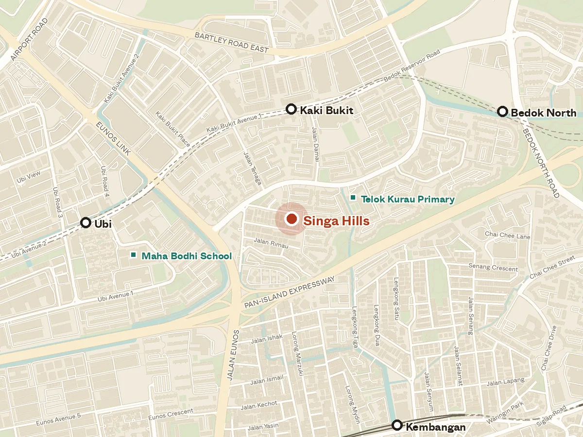 Map of the area around Singa Hills, with nearby MRT stations and primary schools