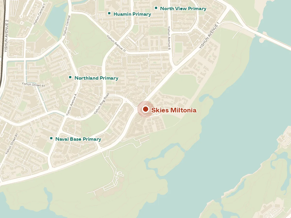 Map of the area around Skies Miltonia, with nearby MRT stations and primary schools