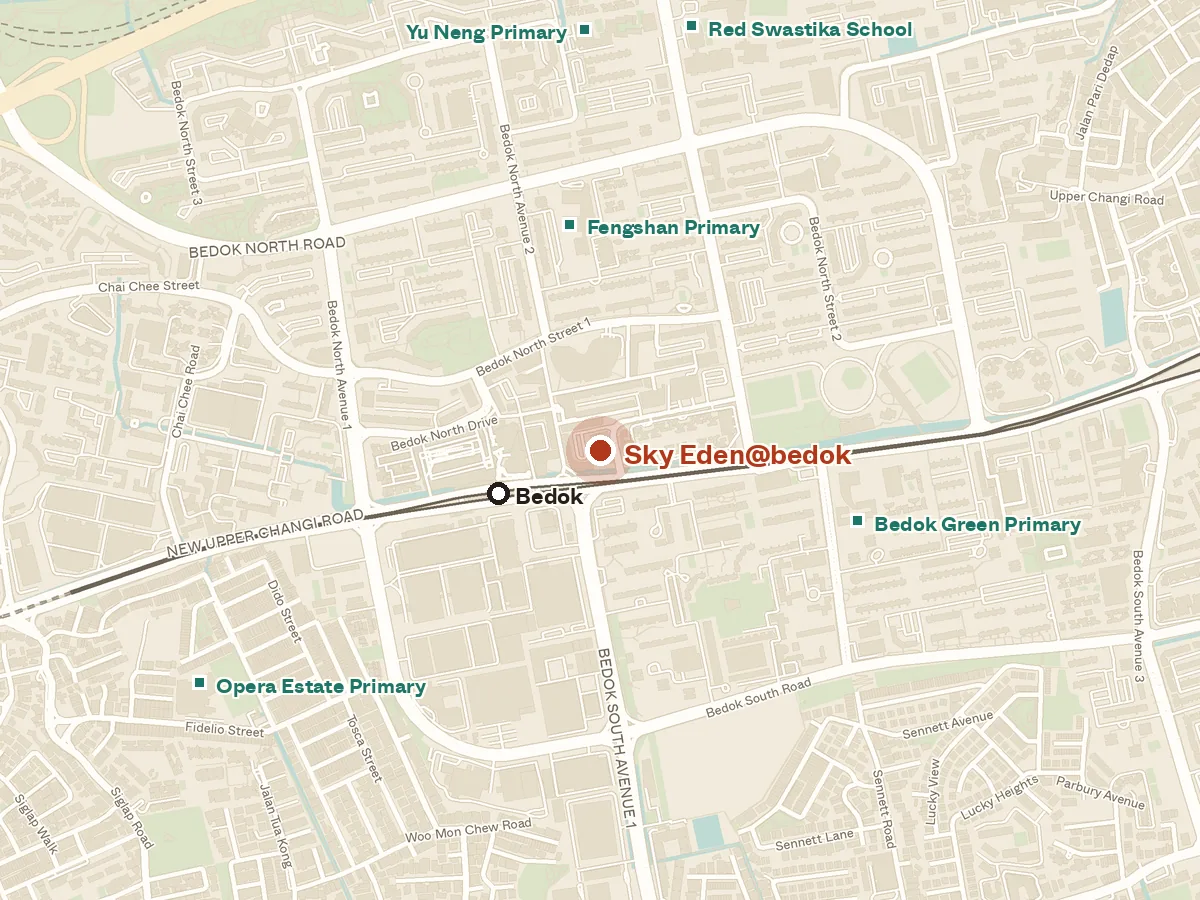 Map of the area around Sky Eden@bedok, with nearby MRT stations and primary schools