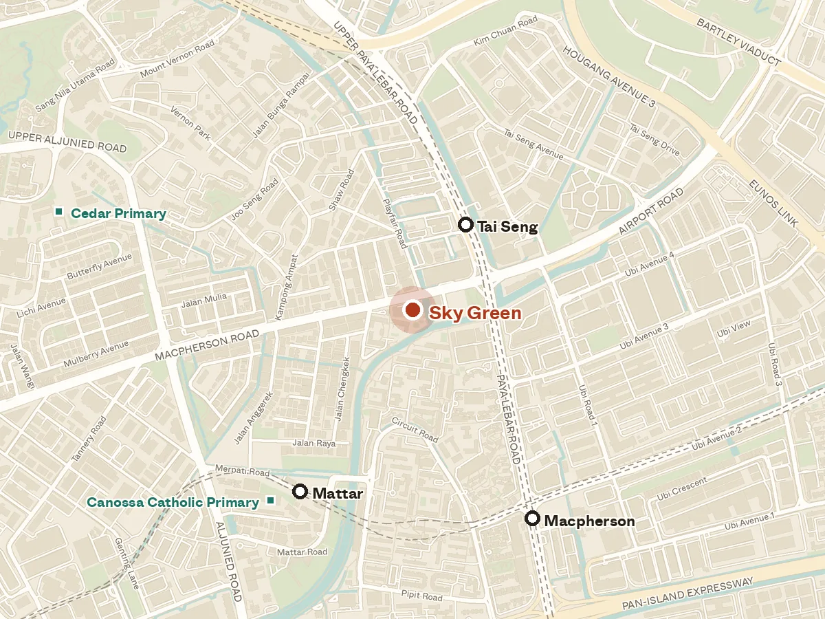 Map of the area around Sky Green, with nearby MRT stations and primary schools
