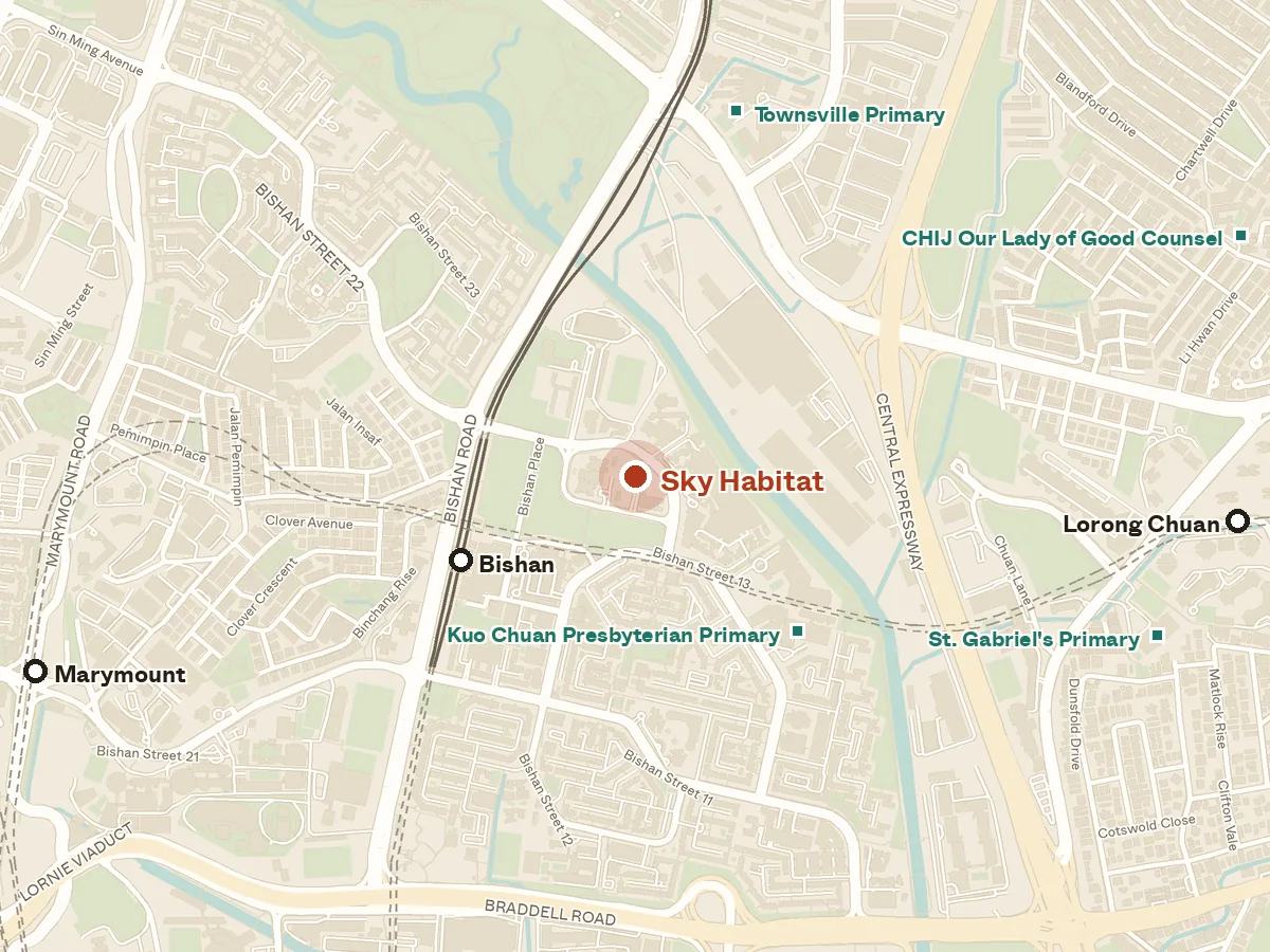 Map of the area around Sky Habitat, with nearby MRT stations and primary schools