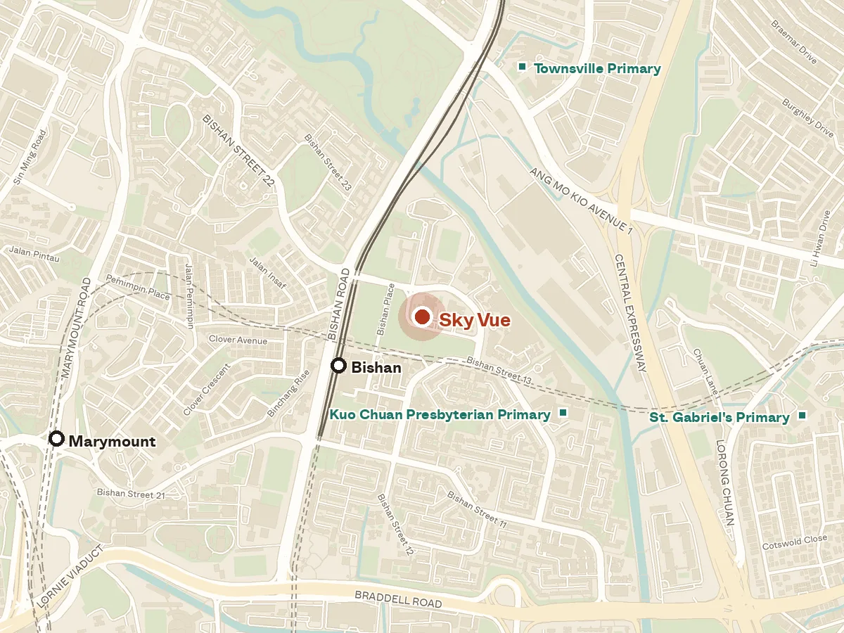 Map of the area around Sky Vue, with nearby MRT stations and primary schools