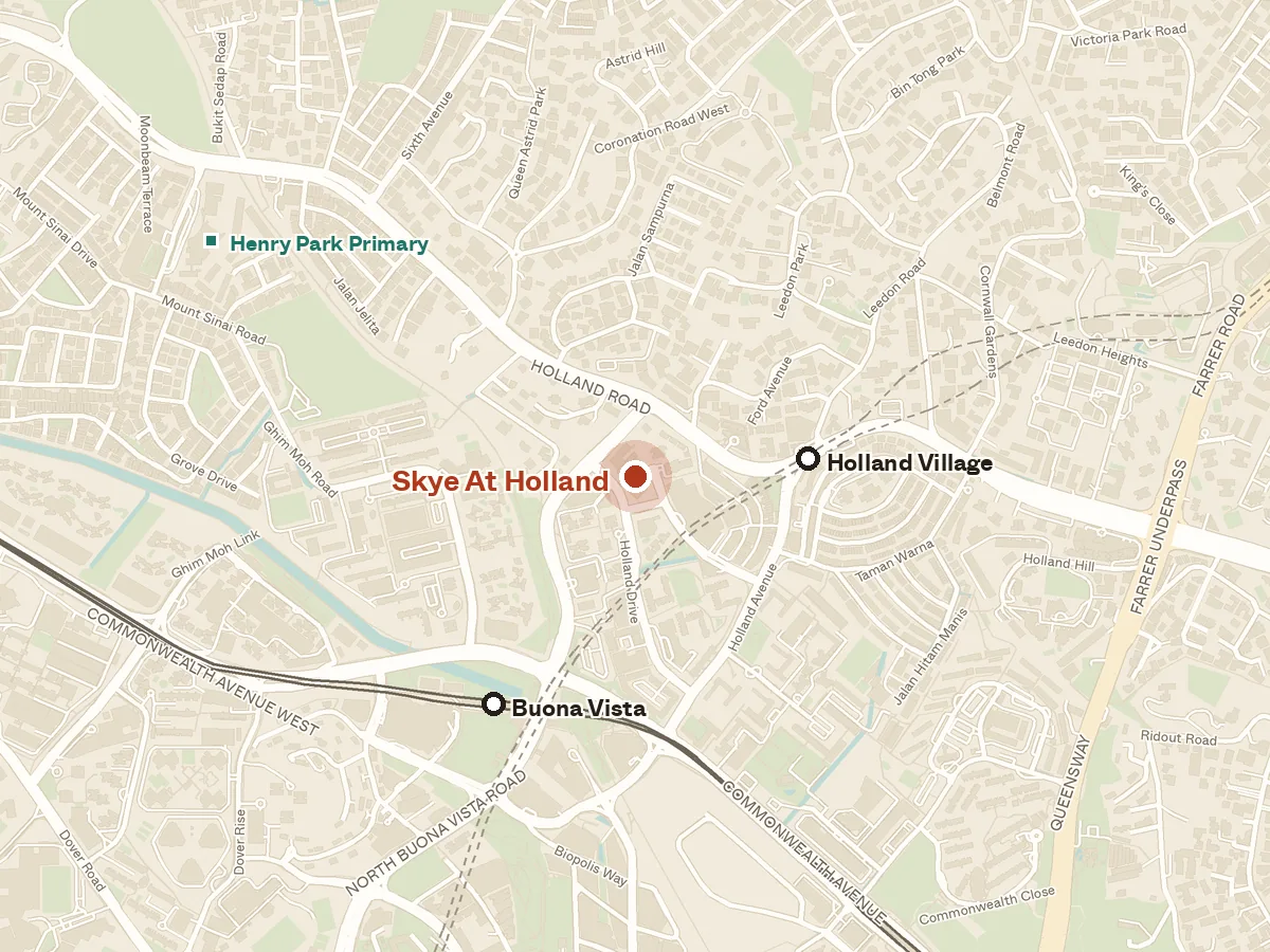 Map of the area around Skye At Holland, with nearby MRT stations and primary schools