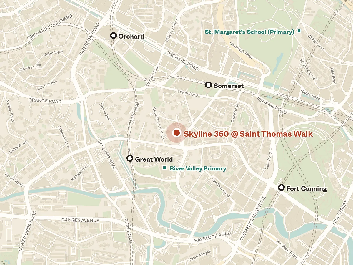 Map of the area around Skyline 360 @ Saint Thomas Walk, with nearby MRT stations and primary schools