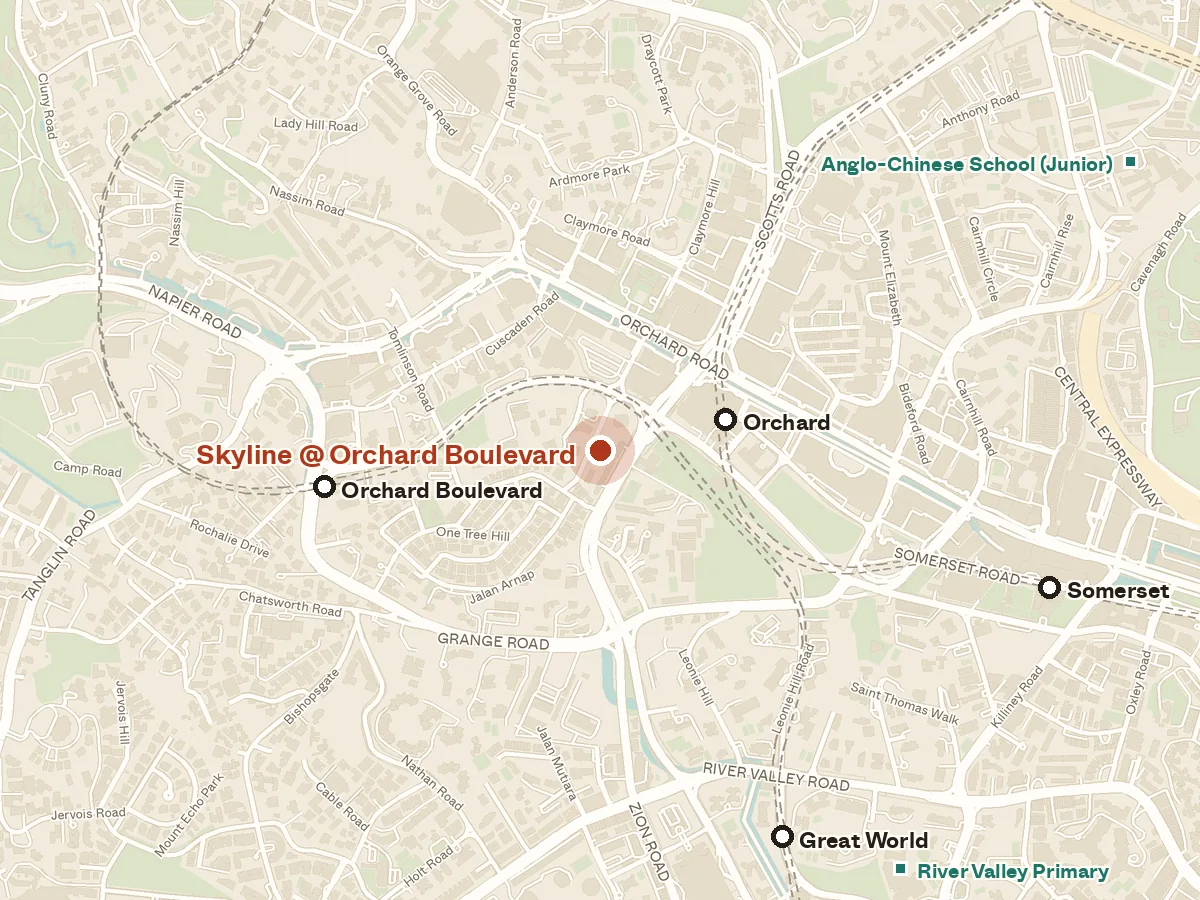 Map of the area around Skyline @ Orchard Boulevard, with nearby MRT stations and primary schools