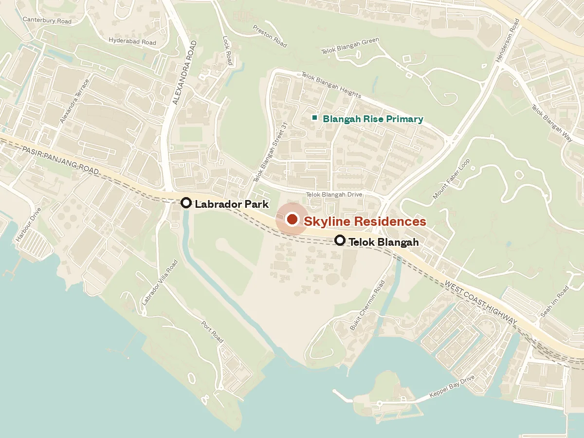 Map of the area around Skyline Residences, with nearby MRT stations and primary schools