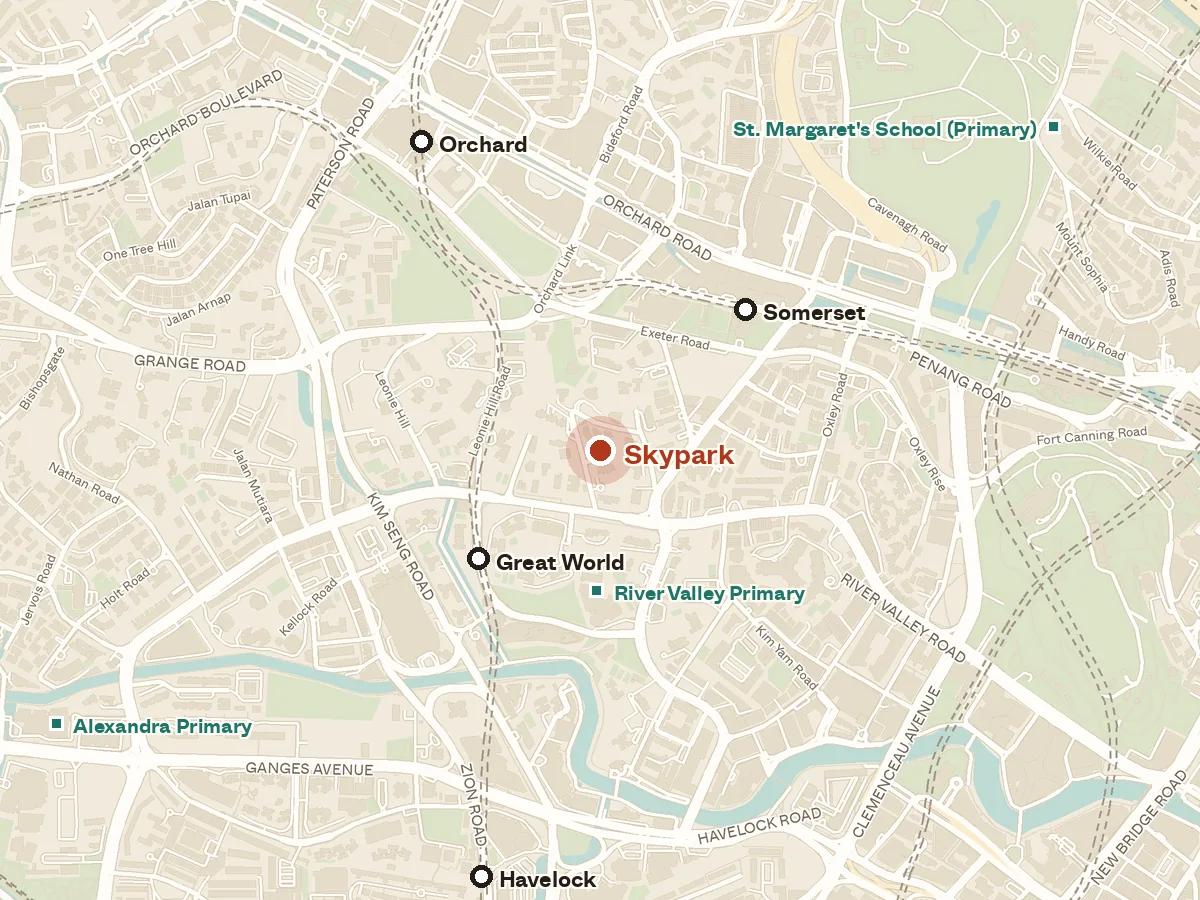 Map of the area around Skypark, with nearby MRT stations and primary schools