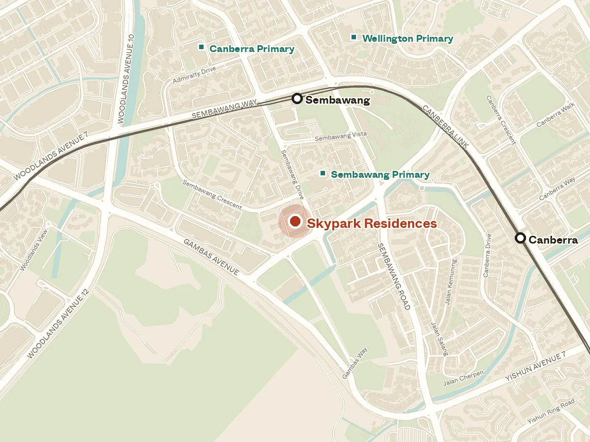 Map of the area around Skypark Residences, with nearby MRT stations and primary schools