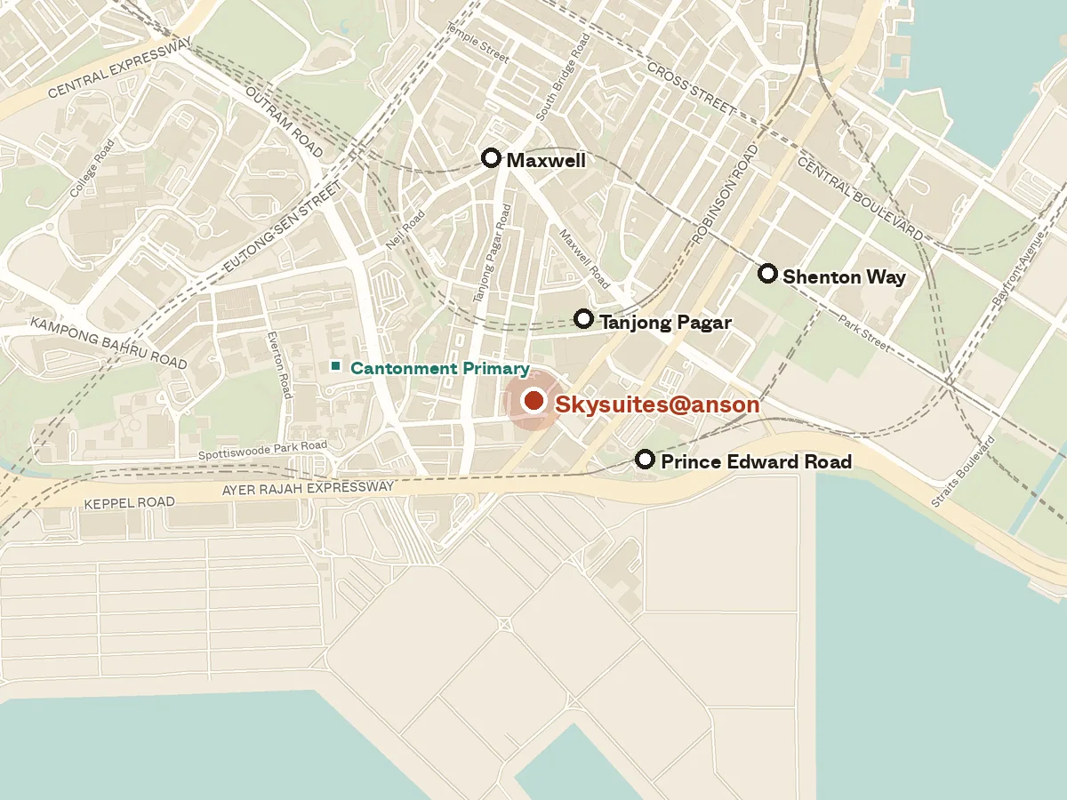 Map of the area around Skysuites@anson, with nearby MRT stations and primary schools