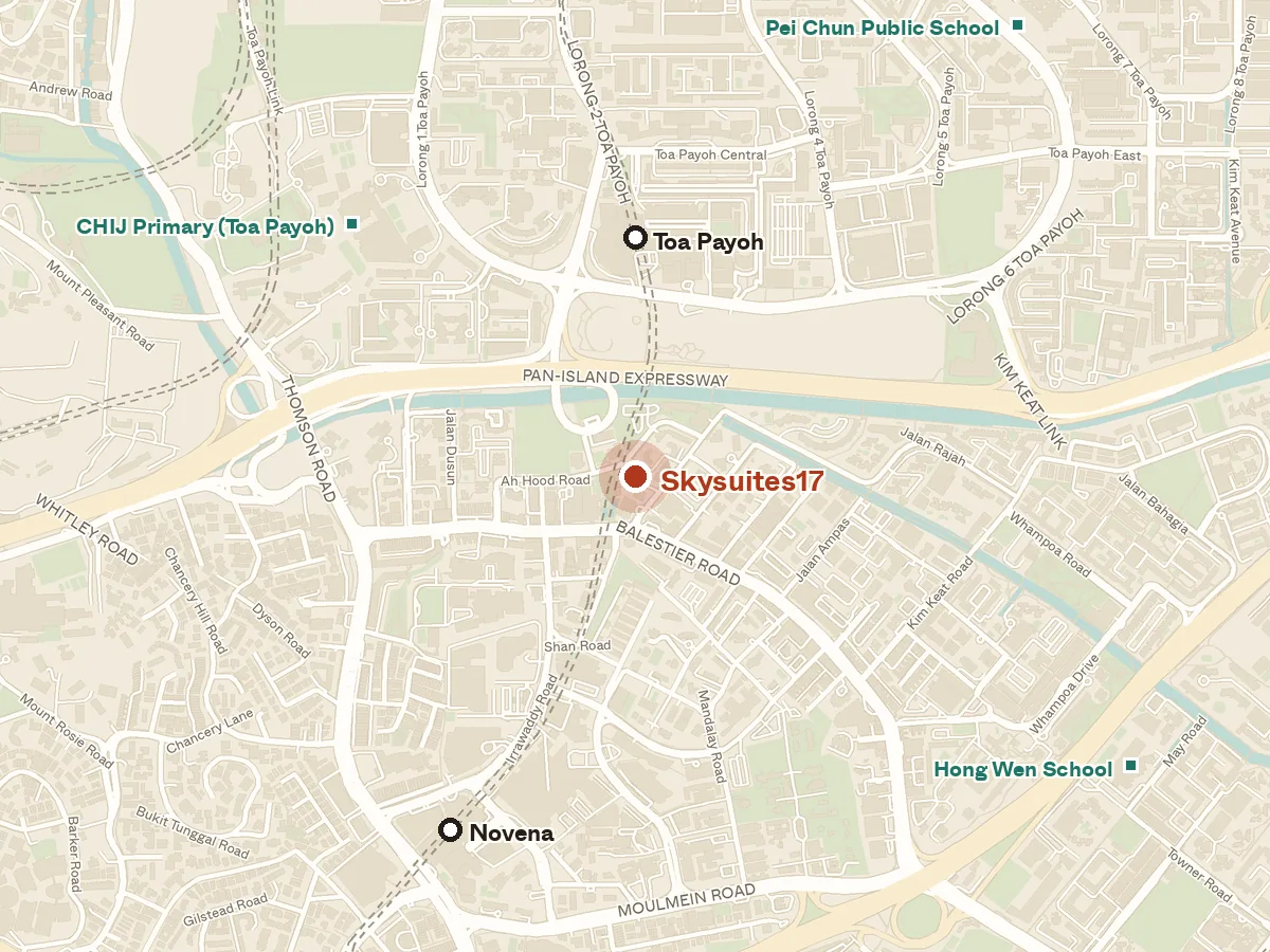 Map of the area around Skysuites17, with nearby MRT stations and primary schools