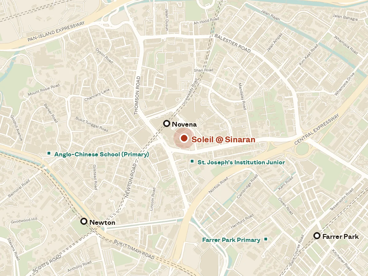 Map of the area around Soleil @ Sinaran, with nearby MRT stations and primary schools