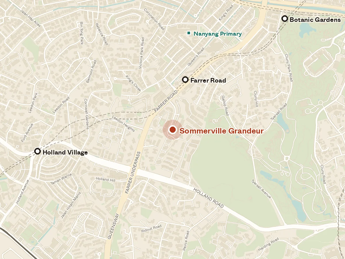 Map of the area around Sommerville Grandeur, with nearby MRT stations and primary schools