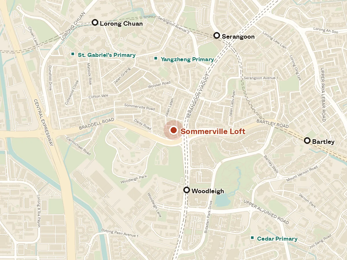 Map of the area around Sommerville Loft, with nearby MRT stations and primary schools