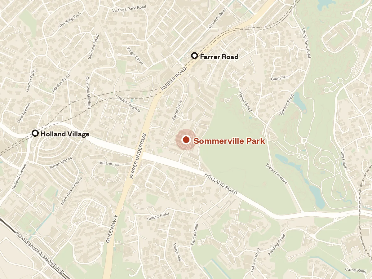 Map of the area around Sommerville Park, with nearby MRT stations and primary schools