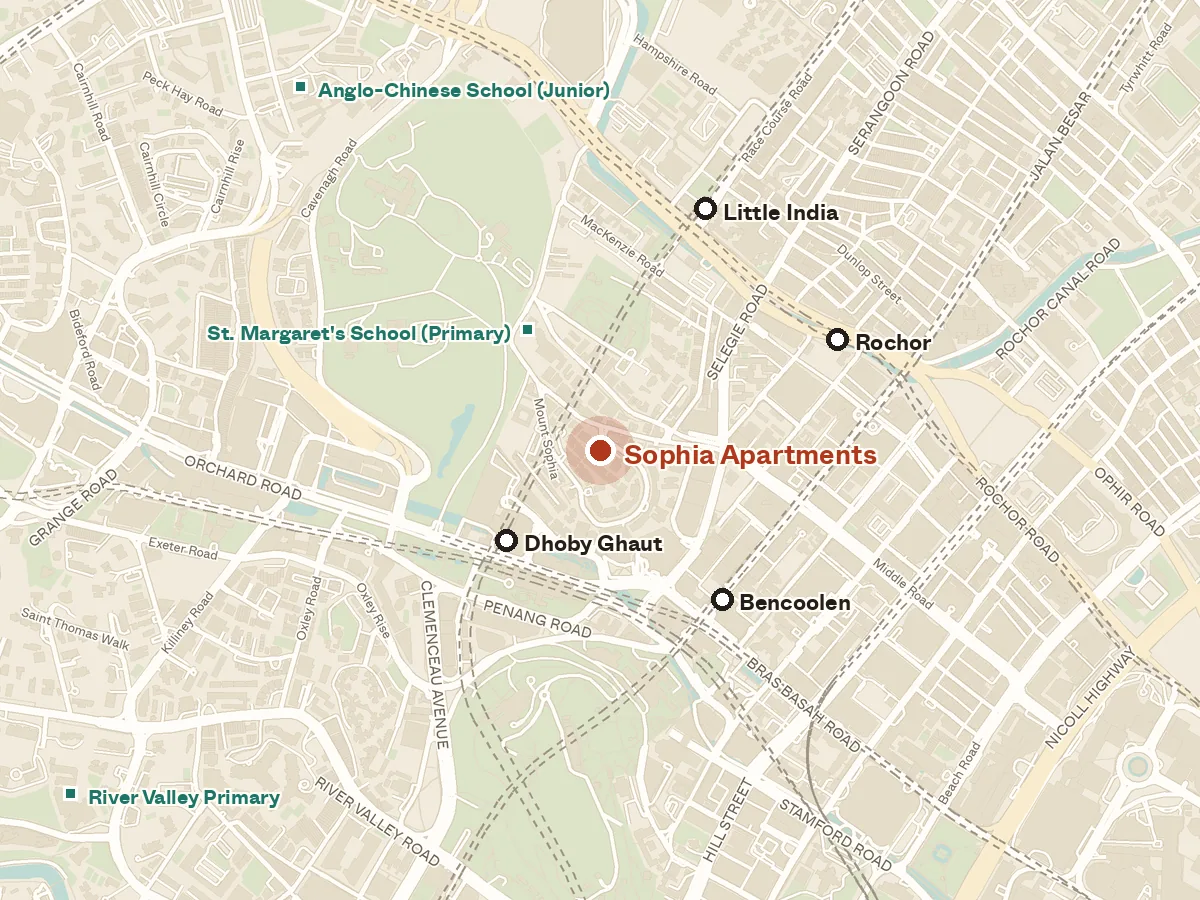 Map of the area around Sophia Apartments, with nearby MRT stations and primary schools