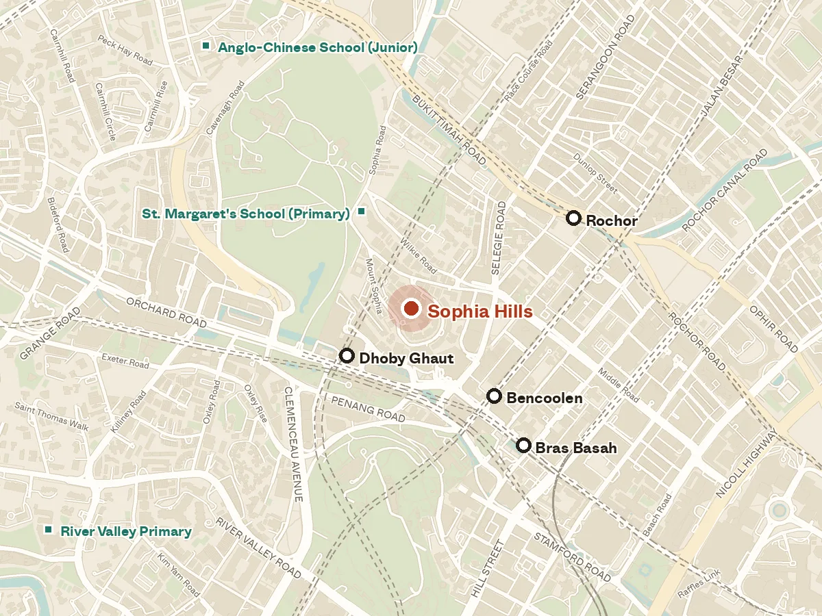 Map of the area around Sophia Hills, with nearby MRT stations and primary schools