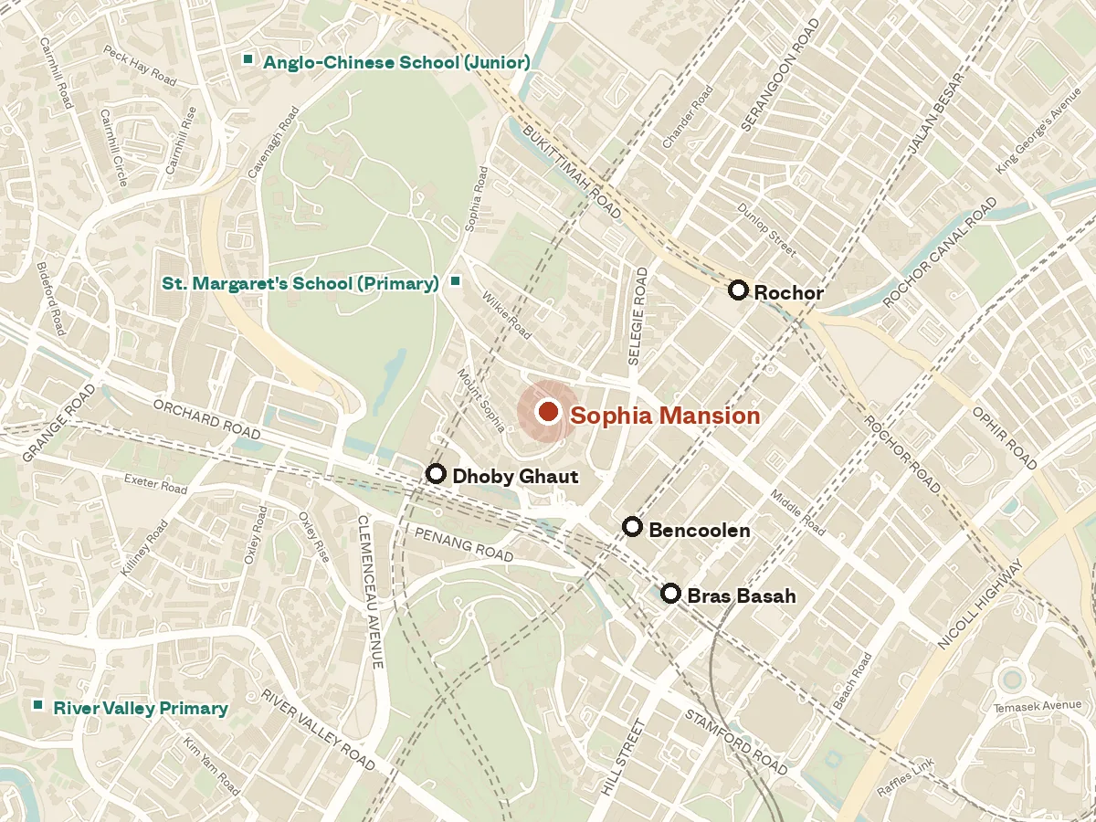 Map of the area around Sophia Mansion, with nearby MRT stations and primary schools
