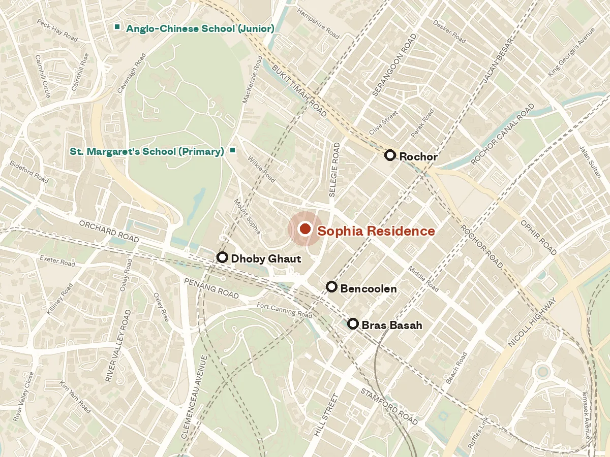 Map of the area around Sophia Residence, with nearby MRT stations and primary schools