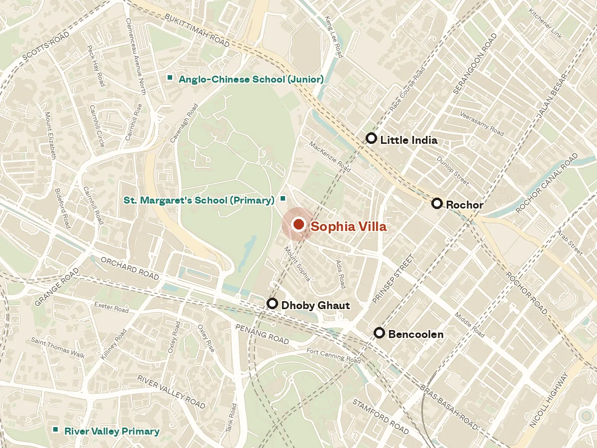 Map of the area around Sophia Villa, with nearby MRT stations and primary schools