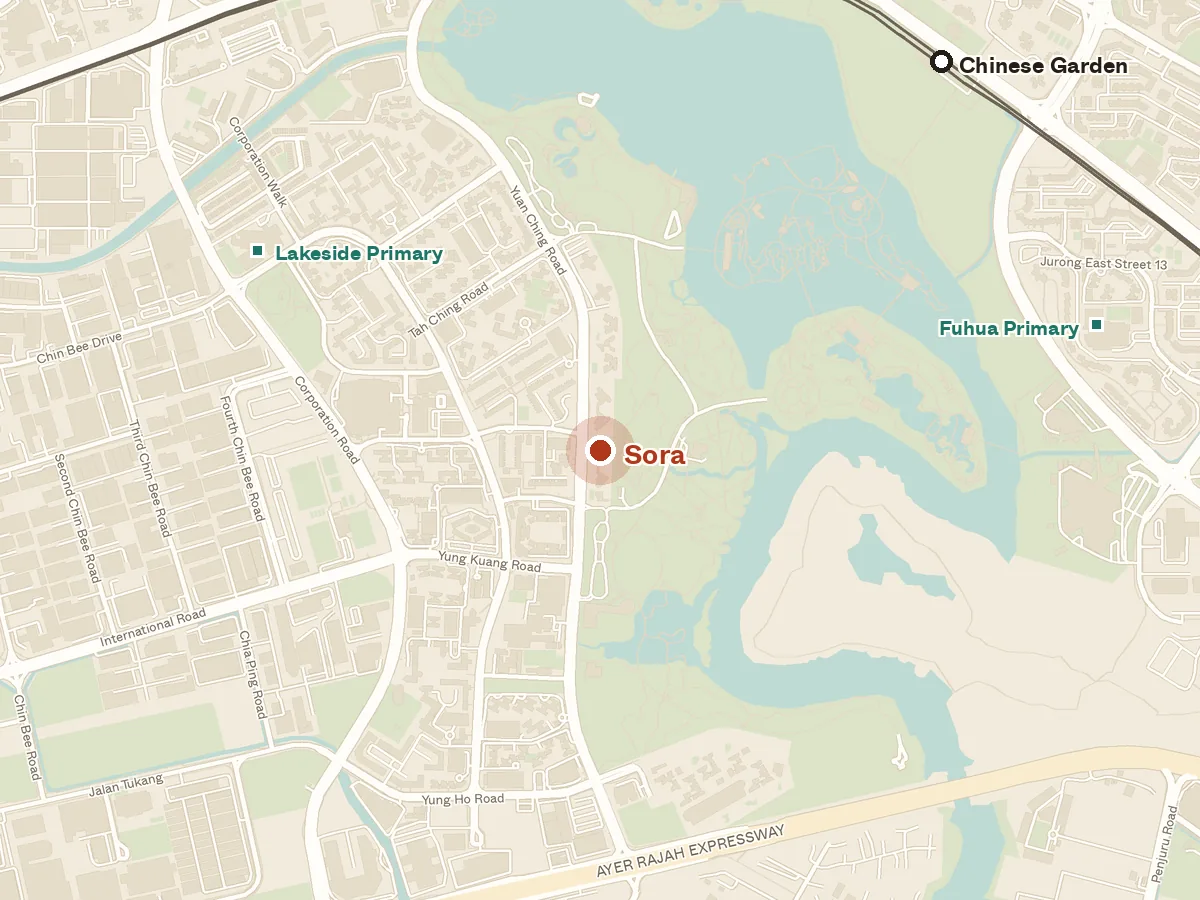 Map of the area around Sora, with nearby MRT stations and primary schools