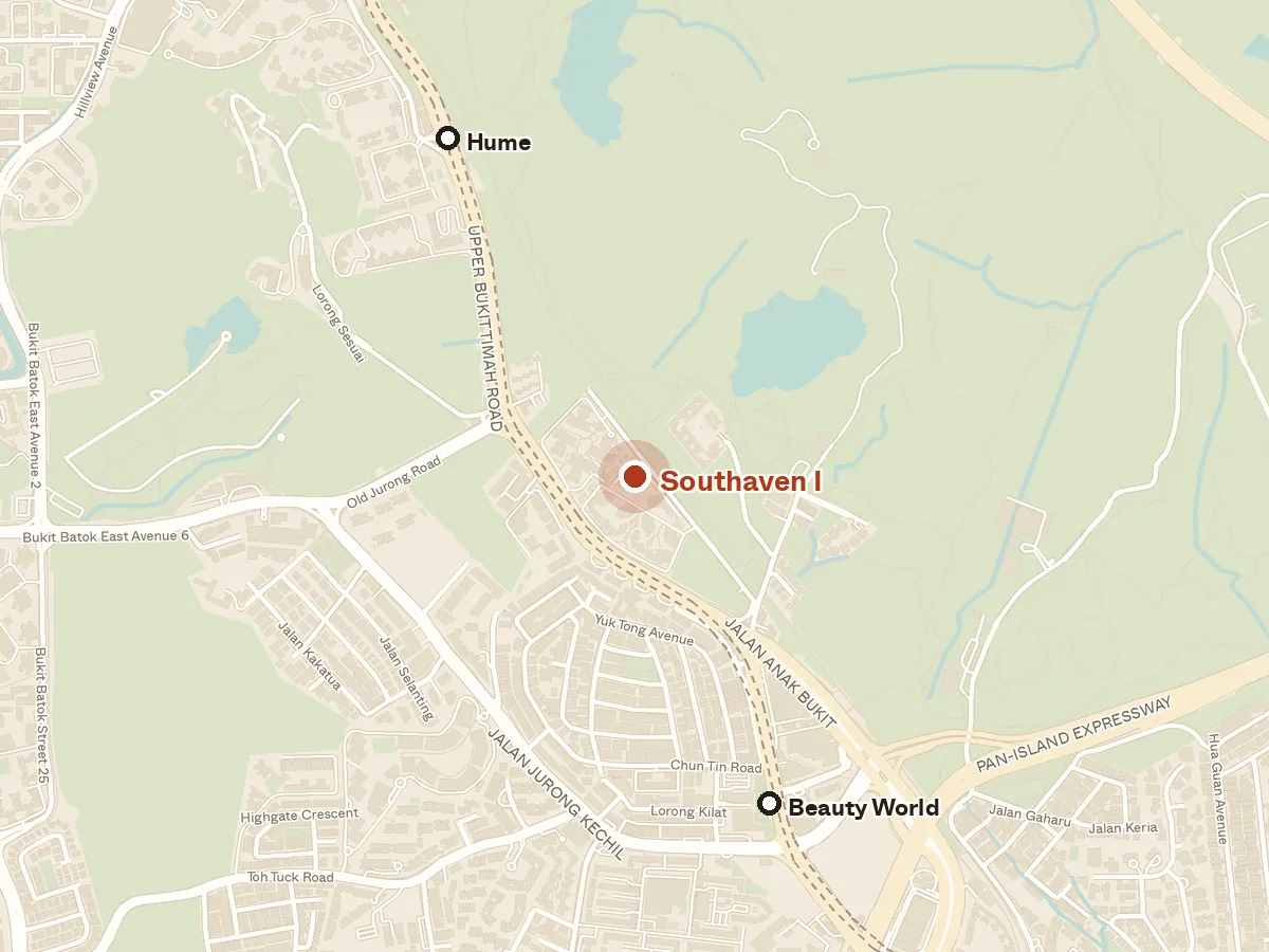 Map of the area around Southaven I, with nearby MRT stations and primary schools