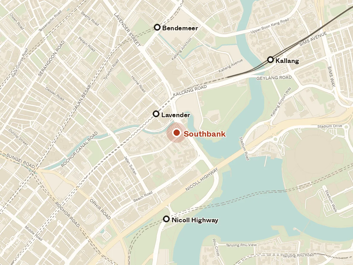 Map of the area around Southbank, with nearby MRT stations and primary schools