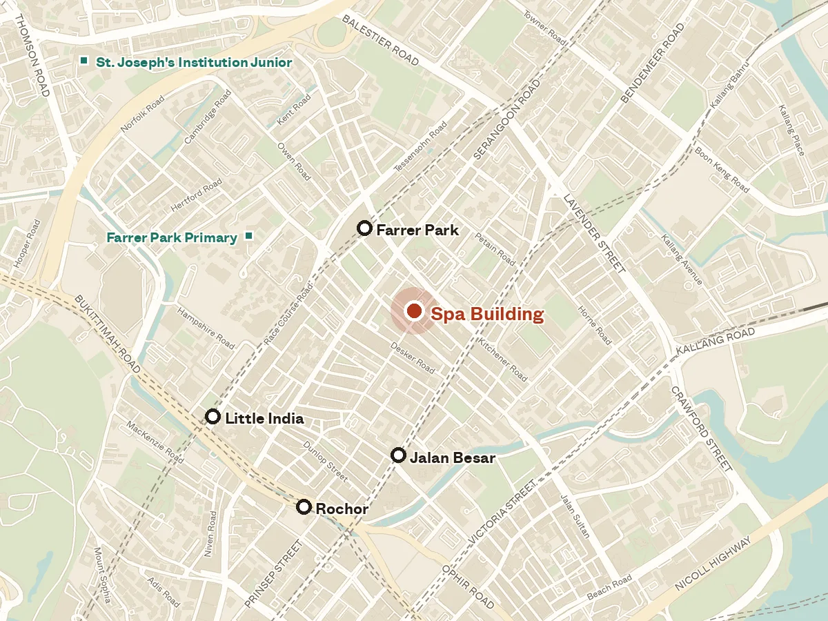 Map of the area around Spa Building, with nearby MRT stations and primary schools