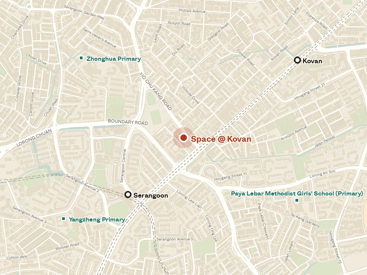 Map of the area around Space @ Kovan, with nearby MRT stations and primary schools