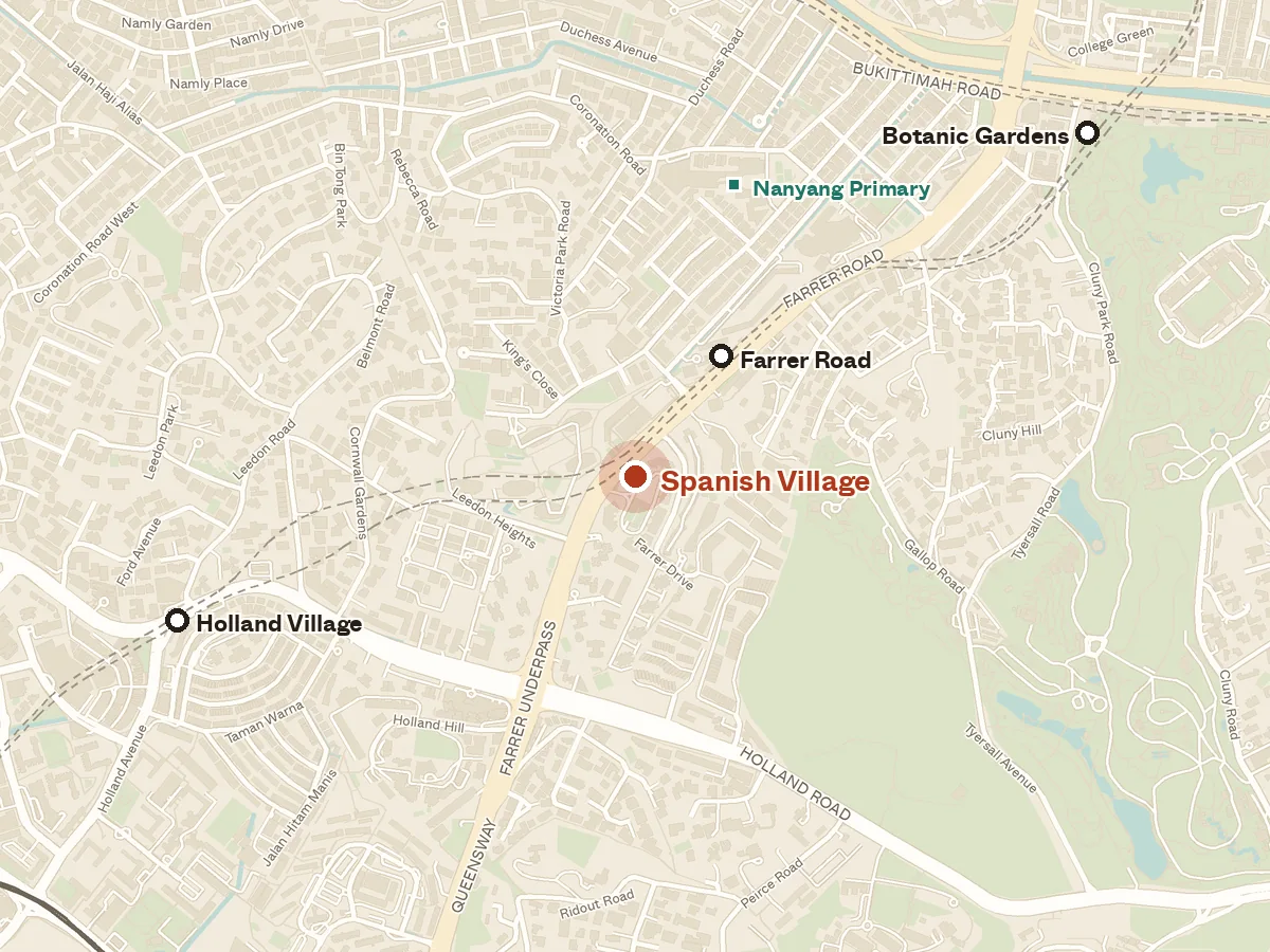 Map of the area around Spanish Village, with nearby MRT stations and primary schools