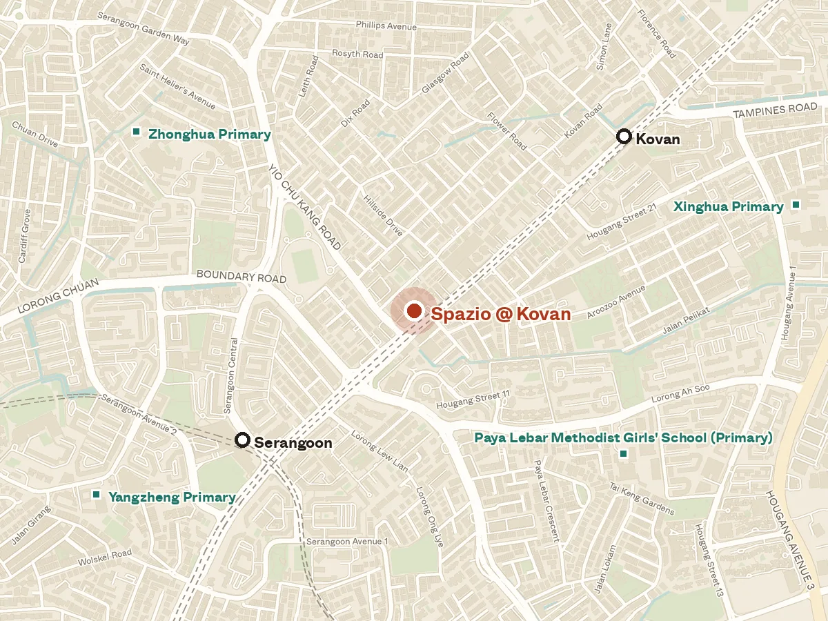 Map of the area around Spazio @ Kovan, with nearby MRT stations and primary schools